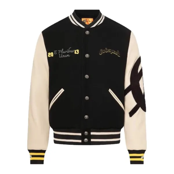 Godspeed Varsity Jacket Black and Beige Embroidered Letterman Jacket Outerwear - 1