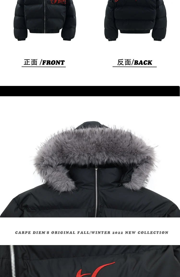 Design Puffer Jacket with Faux Fur Hood and Red Embroidered Logo Black Down-Jacket - 5