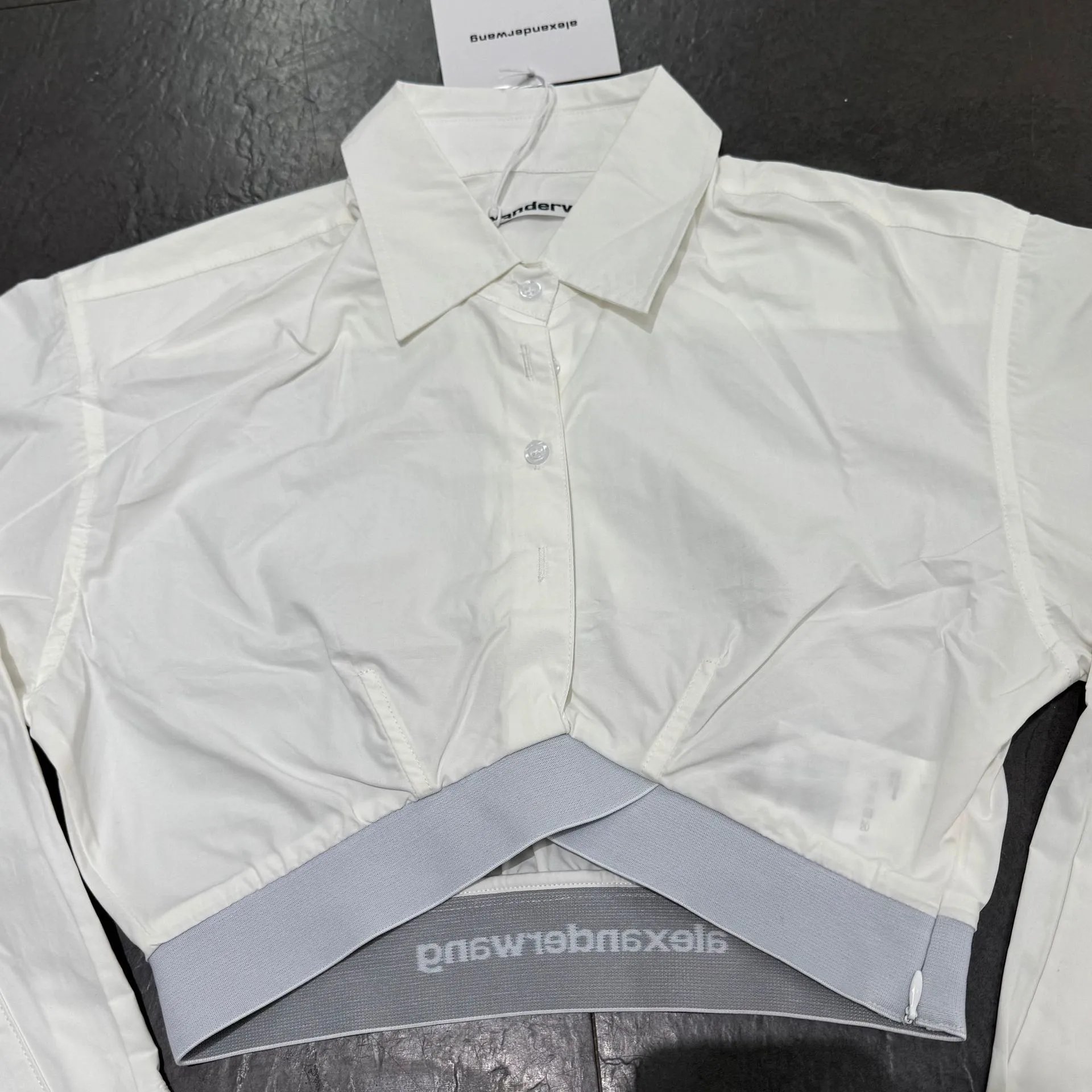 Alexander Wang Cropped Shirt with Elastic Waistband in Light Blue Tops Shirt - 6