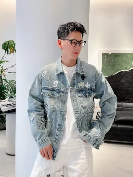 Chrome Hearts Embroidered Distressed Denim Jacket Light Wash Denim-Jacket - 1
