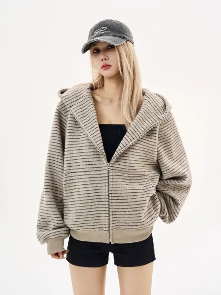 Design JERSEY Striped Zip-Up Hoodie Gray Hoodie - 8