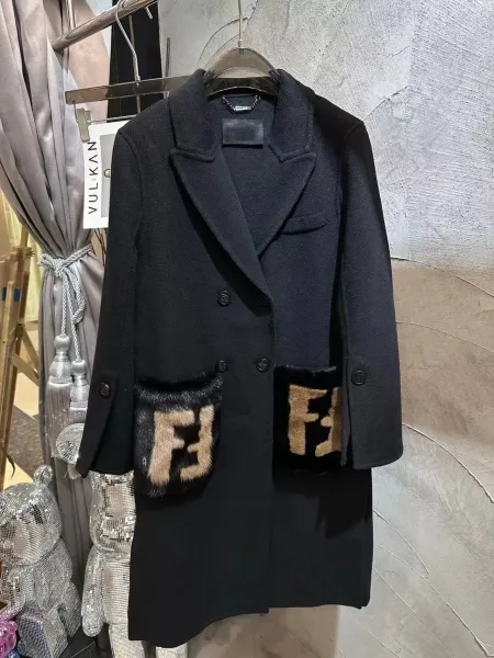 Fendi FF Logo Fur-Trimmed Wool Coat Black Outerwear.coat - 3