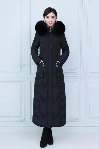 Design Long Down Coat with Fur Collar Navy Blue Down Jacket - 15