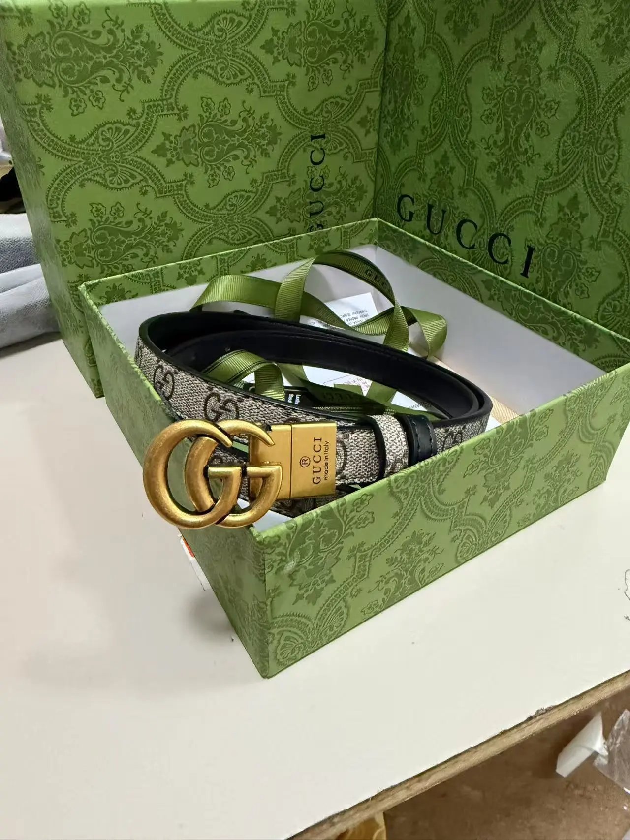 Gucci GG Marmont Web Belt Beige and Black Canvas Belt - 5
