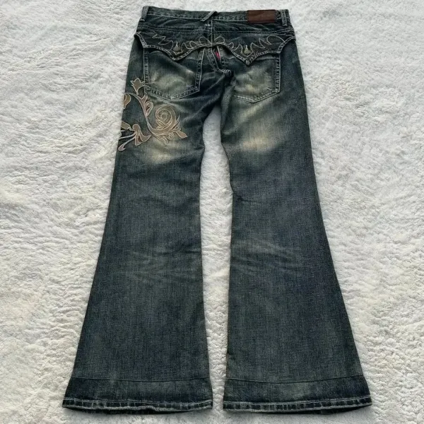 Design Flared Jeans with Embroidered Floral Motif and Chain Detail - 7