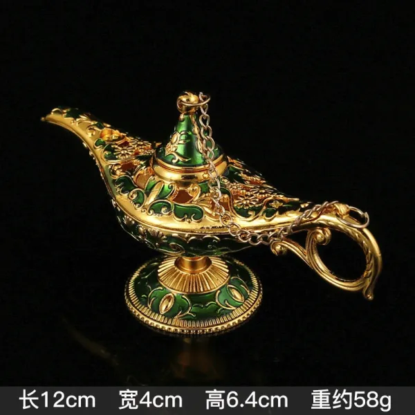 Design Aladdin's Magic Lamp Ornament Gold Green Enamel Decorative Figurine Accessories - 1
