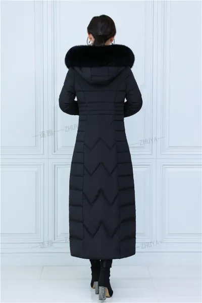 Design Long Down Coat with Fur Collar Navy Blue Down Jacket - 16
