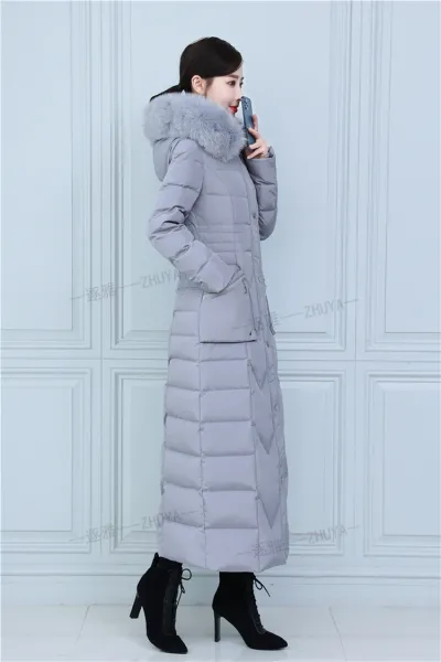 Design Long Down Coat with Fur Collar Navy Blue Down Jacket - 23