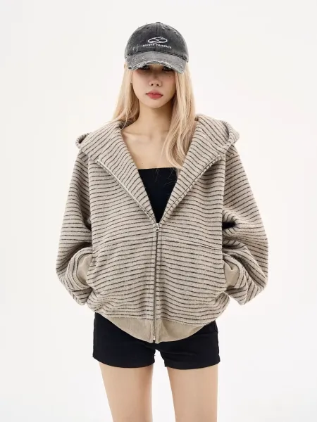 Design JERSEY Striped Zip-Up Hoodie Gray Hoodie - 12