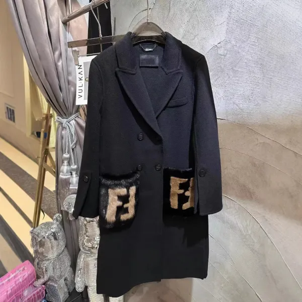 Fendi FF Logo Fur-Trimmed Wool Coat Black Outerwear.coat - 1