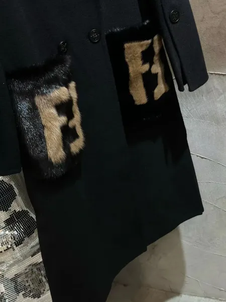 Fendi FF Logo Fur-Trimmed Wool Coat Black Outerwear.coat - 7