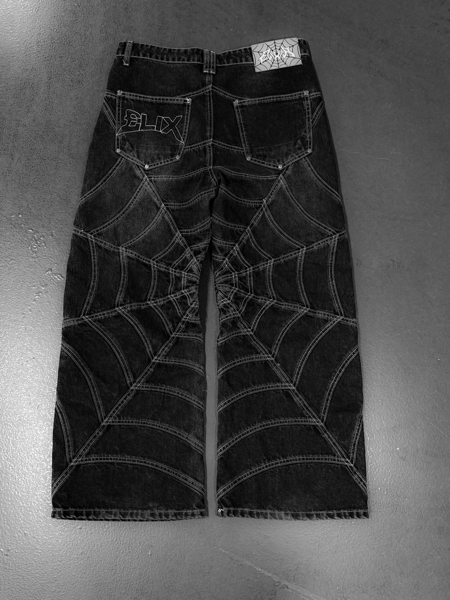 Design Spiderweb Stitched Black Wide-Leg Jeans - 21