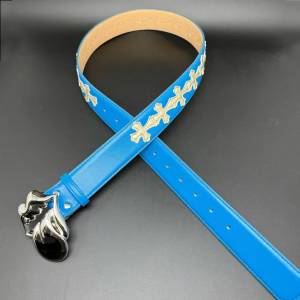 Chrome Hearts Cross-Embossed Blue Leather Belt - 1
