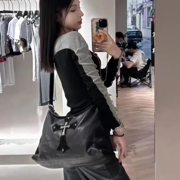 Chrome Hearts Cross-Embossed Leather Hobo Bag Black - 7
