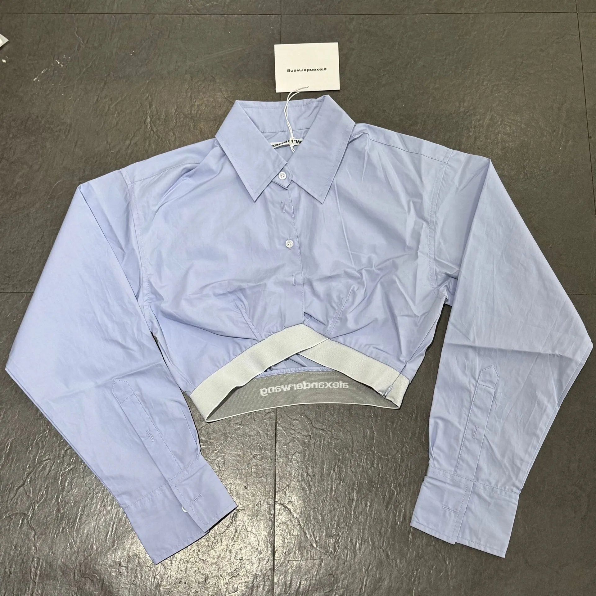 Alexander Wang Cropped Shirt with Elastic Waistband in Light Blue Tops Shirt - 3