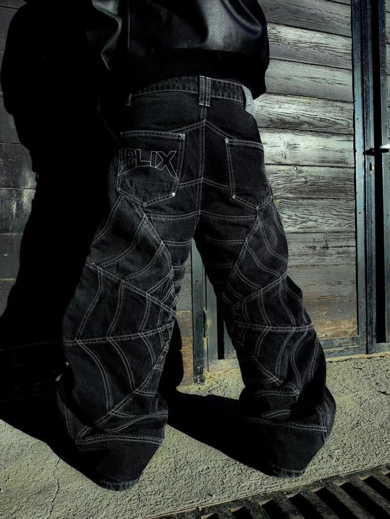 Design Spiderweb Stitched Black Wide-Leg Jeans - 11