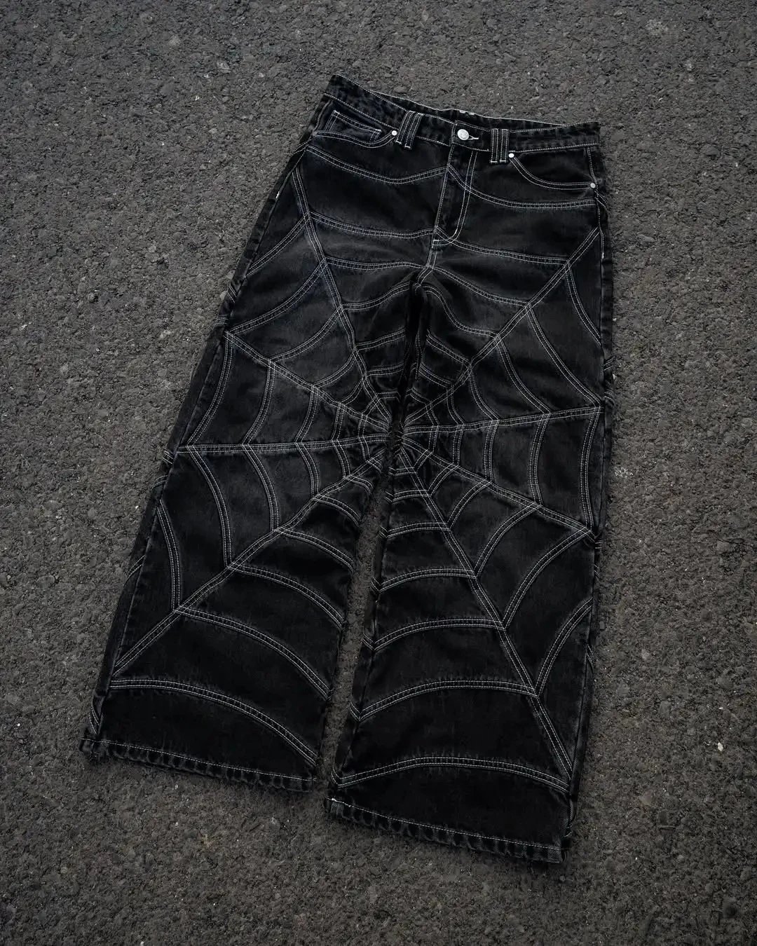 Design Spiderweb Stitched Black Wide-Leg Jeans - 16