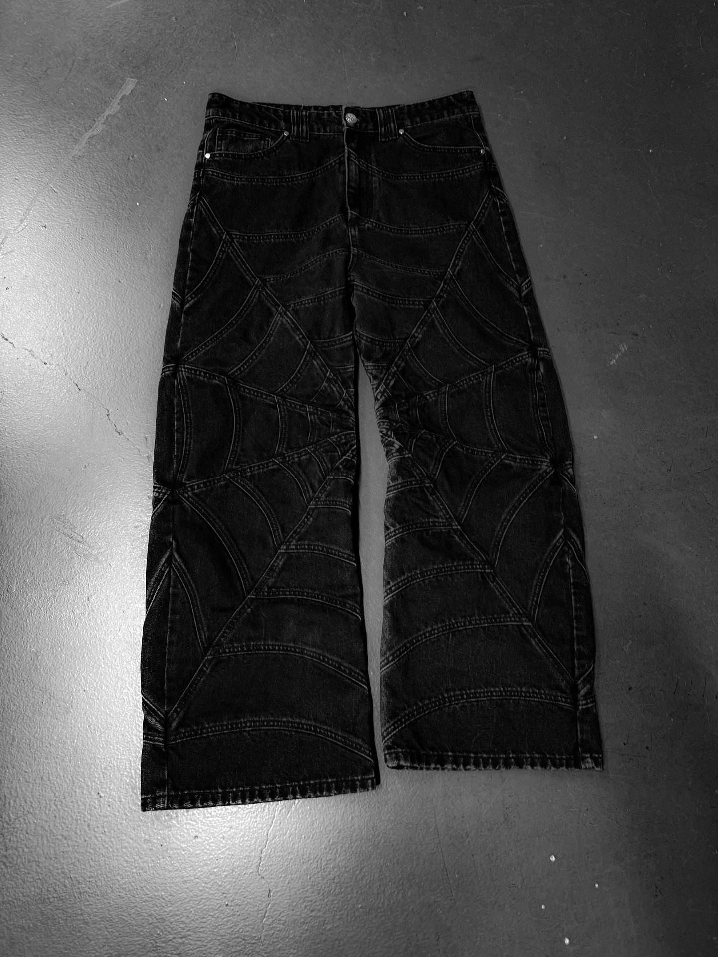 Design Spiderweb Stitched Black Wide-Leg Jeans - 22