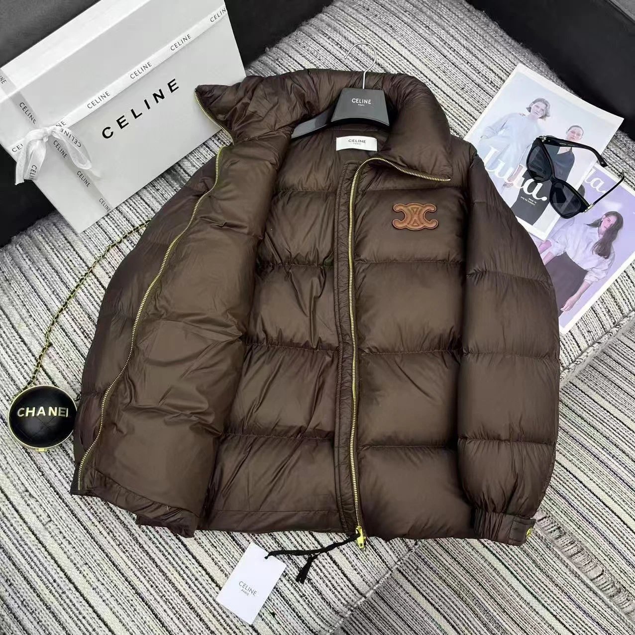 Celine Logo Patch Brown Down Jacket