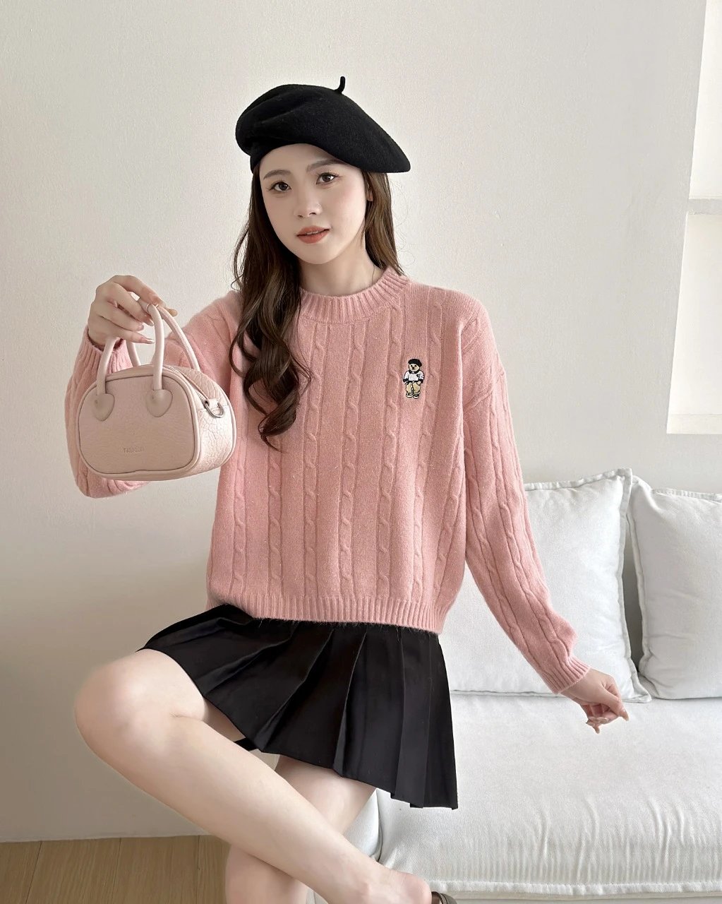 Design Cable Knit Sweater with Bear Embroidery Pink Sweater - 7