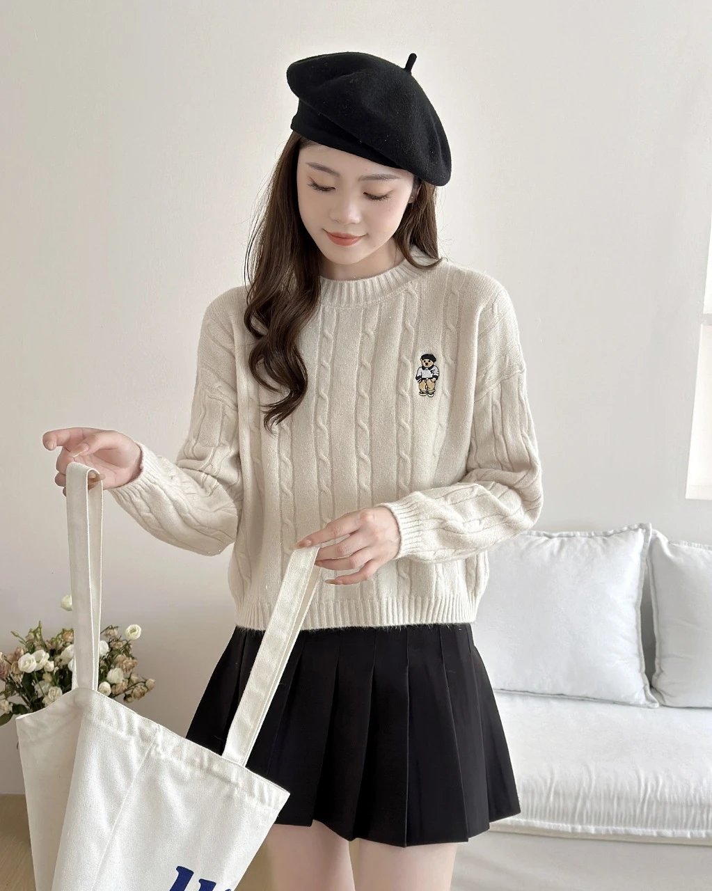 Design Cable Knit Sweater with Bear Embroidery Pink Sweater - 8