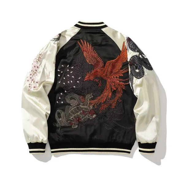 Design Dragon and Tiger Embroidered Satin Bomber Jacket Red Black Outerwear.jacket - 6