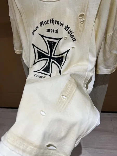 Design Layered Long Sleeve T-Shirt with Iron Cross and Anti-Morality Graphic Beige - 5