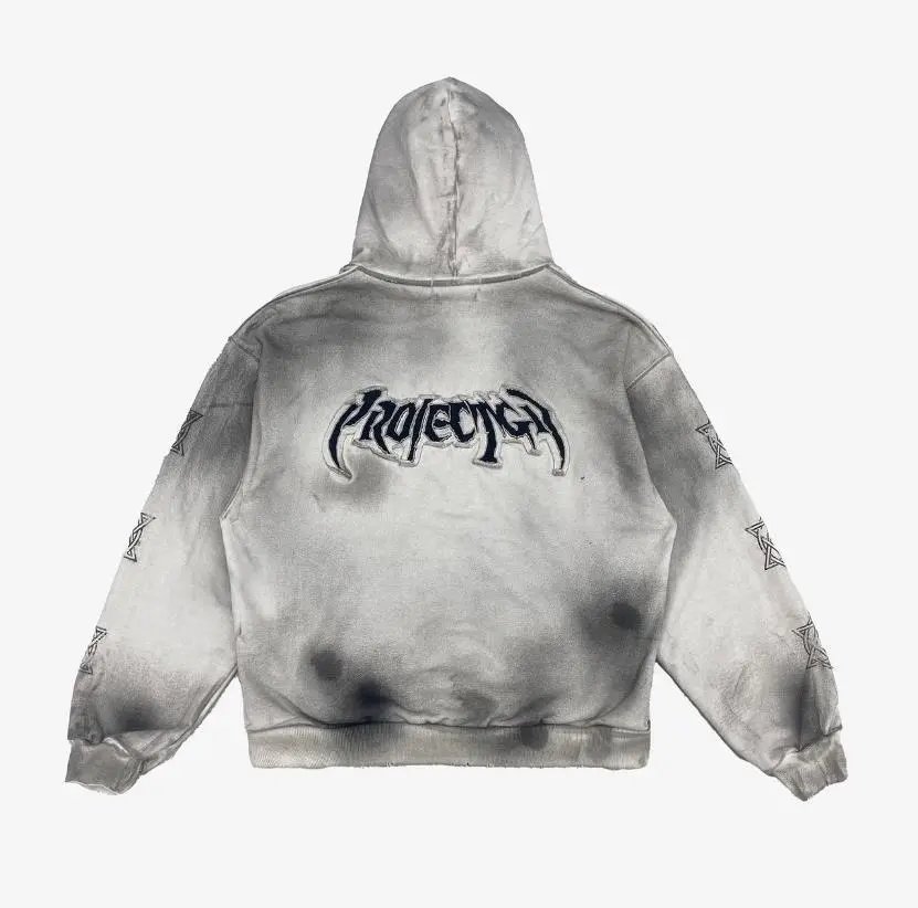 Design Acid Wash Hoodie with Occult Symbols Gray - 3