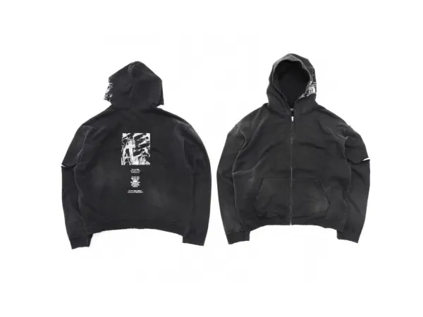 Design Distressed Oversized Zip-Up Hoodie Black - 4