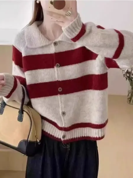 Design Striped Collar Cardigan Yellow and White Knit Cardigan - 3