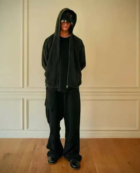 Design Distressed Oversized Zip-Up Hoodie Black - 32