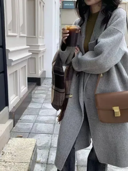 Design Oversized Double-Breasted Wool Coat Beige Outerwear - 8