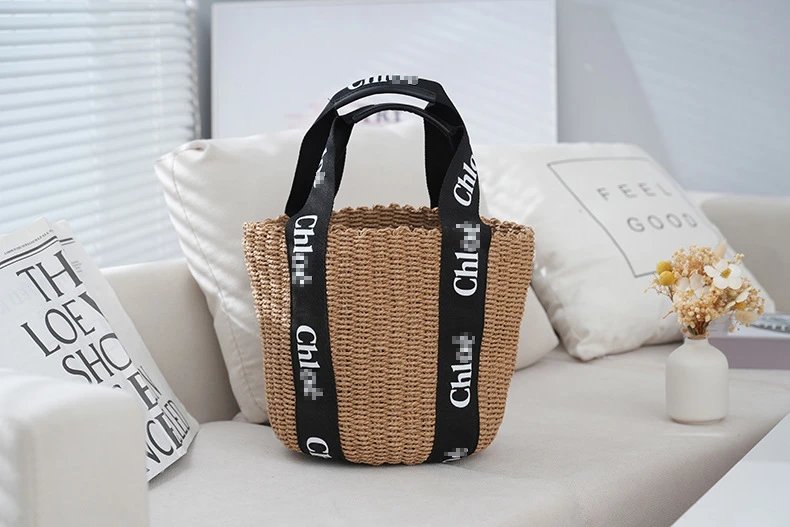 Chloé Woven Straw Bucket Bag with Logo Webbing Handles Handbags - 19