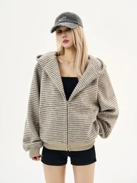 Design JERSEY Striped Zip-Up Hoodie Gray Hoodie - 5