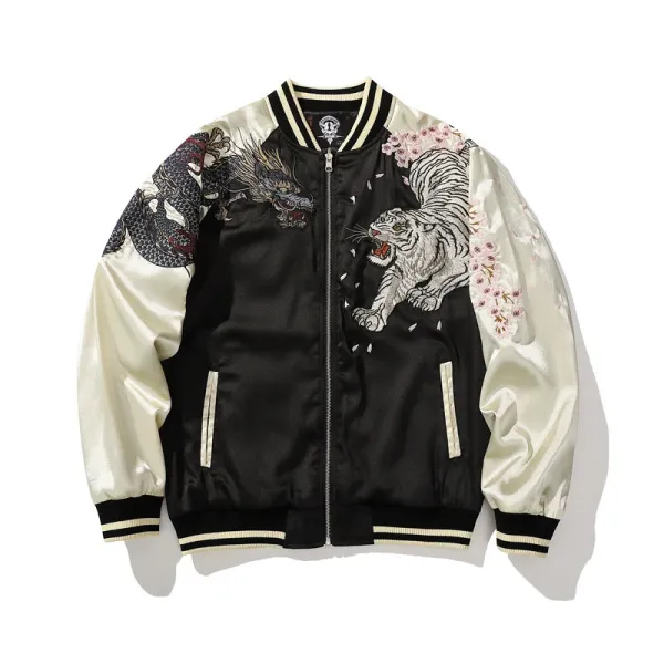 Design Dragon and Tiger Embroidered Satin Bomber Jacket Red Black Outerwear.jacket - 5