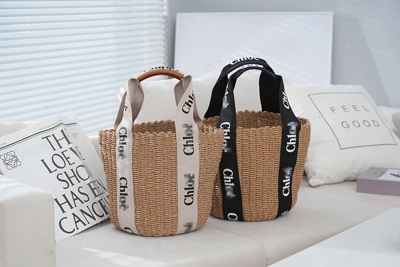 Chloé Woven Straw Bucket Bag with Logo Webbing Handles Handbags - 7