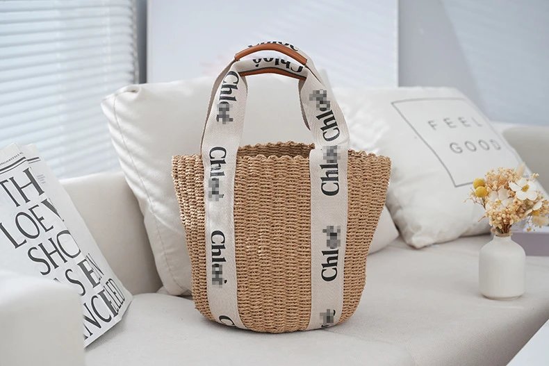 Chloé Woven Straw Bucket Bag with Logo Webbing Handles Handbags - 15
