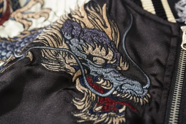 Design Dragon and Tiger Embroidered Satin Bomber Jacket Red Black Outerwear.jacket - 9