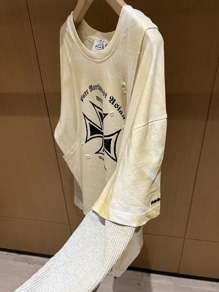 Design Layered Long Sleeve T-Shirt with Iron Cross and Anti-Morality Graphic Beige - 11