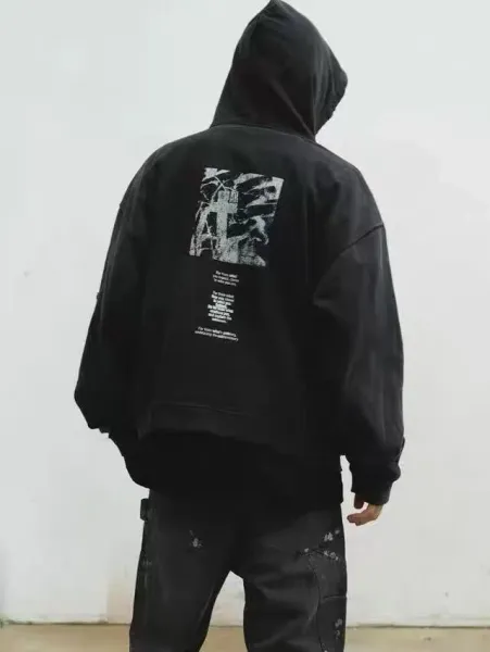 Design Distressed Oversized Zip-Up Hoodie Black - 5