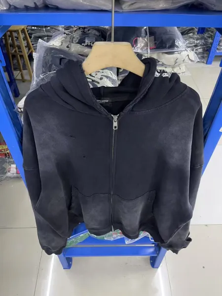 Design Distressed Oversized Zip-Up Hoodie Black - 13