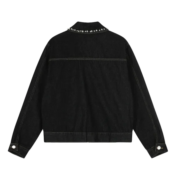 Design Denim Jacket with Pearl Embellishment Gray - 5