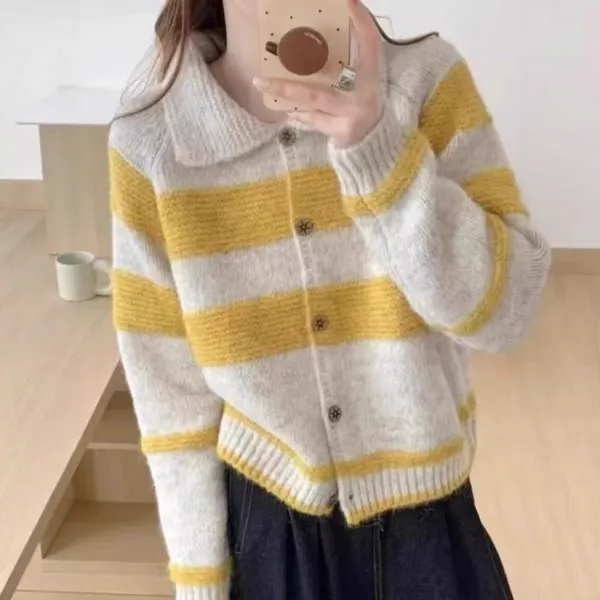 Design Striped Collar Cardigan Yellow and White Knit Cardigan - 1