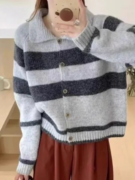 Design Striped Collar Cardigan Yellow and White Knit Cardigan - 4