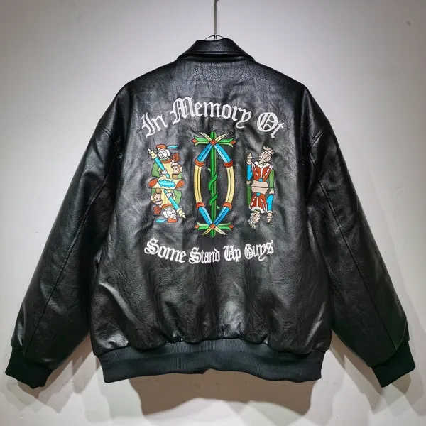 Design Embroidered 'In Memory Of' Leather Bomber Jacket Black - 1