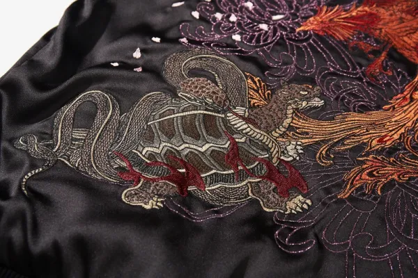 Design Dragon and Tiger Embroidered Satin Bomber Jacket Red Black Outerwear.jacket - 18