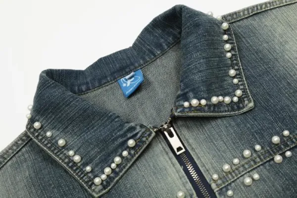 Design Denim Jacket with Pearl Embellishment Gray - 9