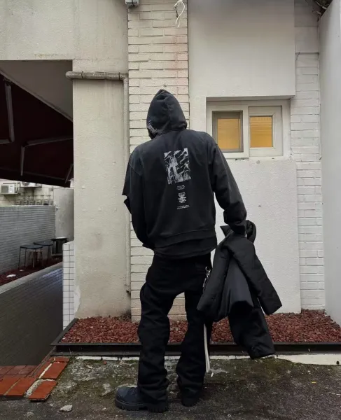 Design Distressed Oversized Zip-Up Hoodie Black - 26