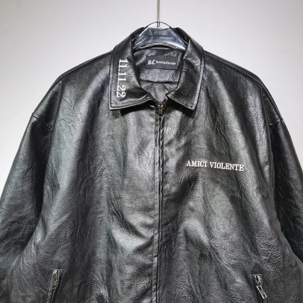 Design Embroidered 'In Memory Of' Leather Bomber Jacket Black - 10