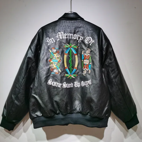 Design Embroidered 'In Memory Of' Leather Bomber Jacket Black - 12